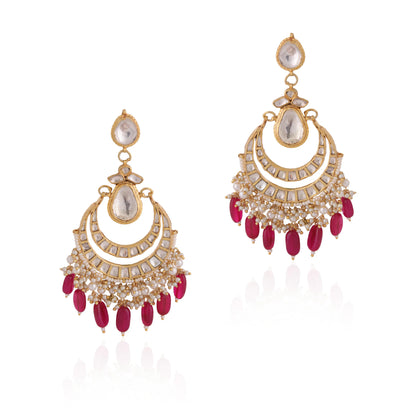 Traditional red drops kundan chandbali dangler earrings for women