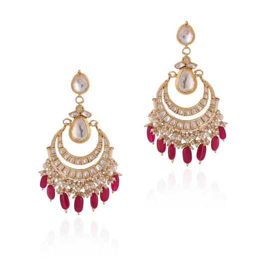 Traditional red drops kundan chandbali dangler earrings for women