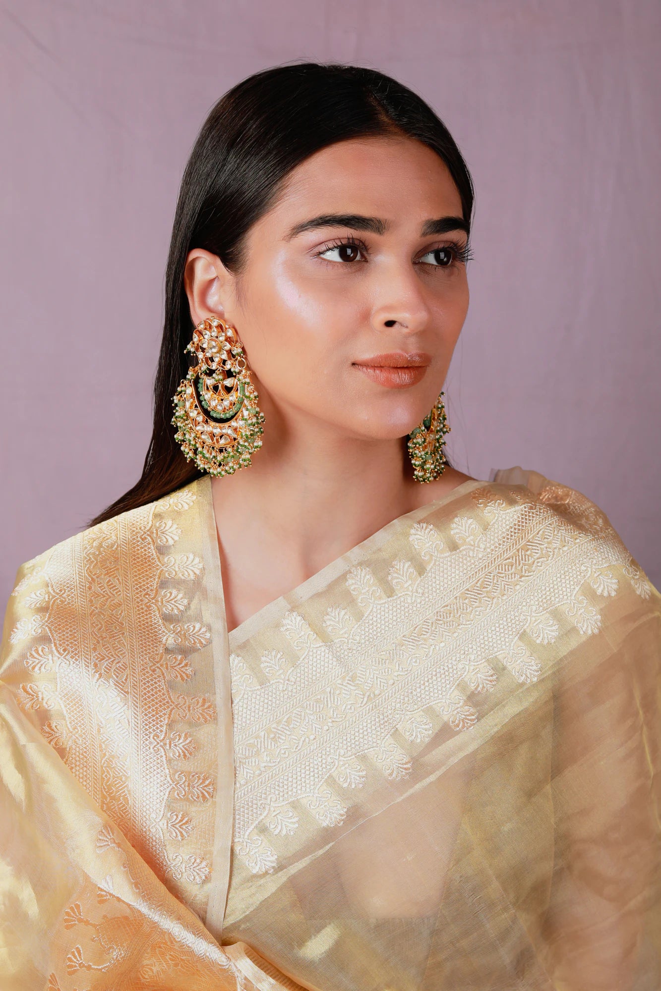 Riana gold plated green pearls earrings chandbali