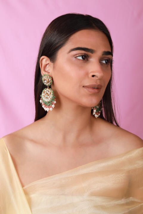 Traditional sea green hangings with pearl Earrings