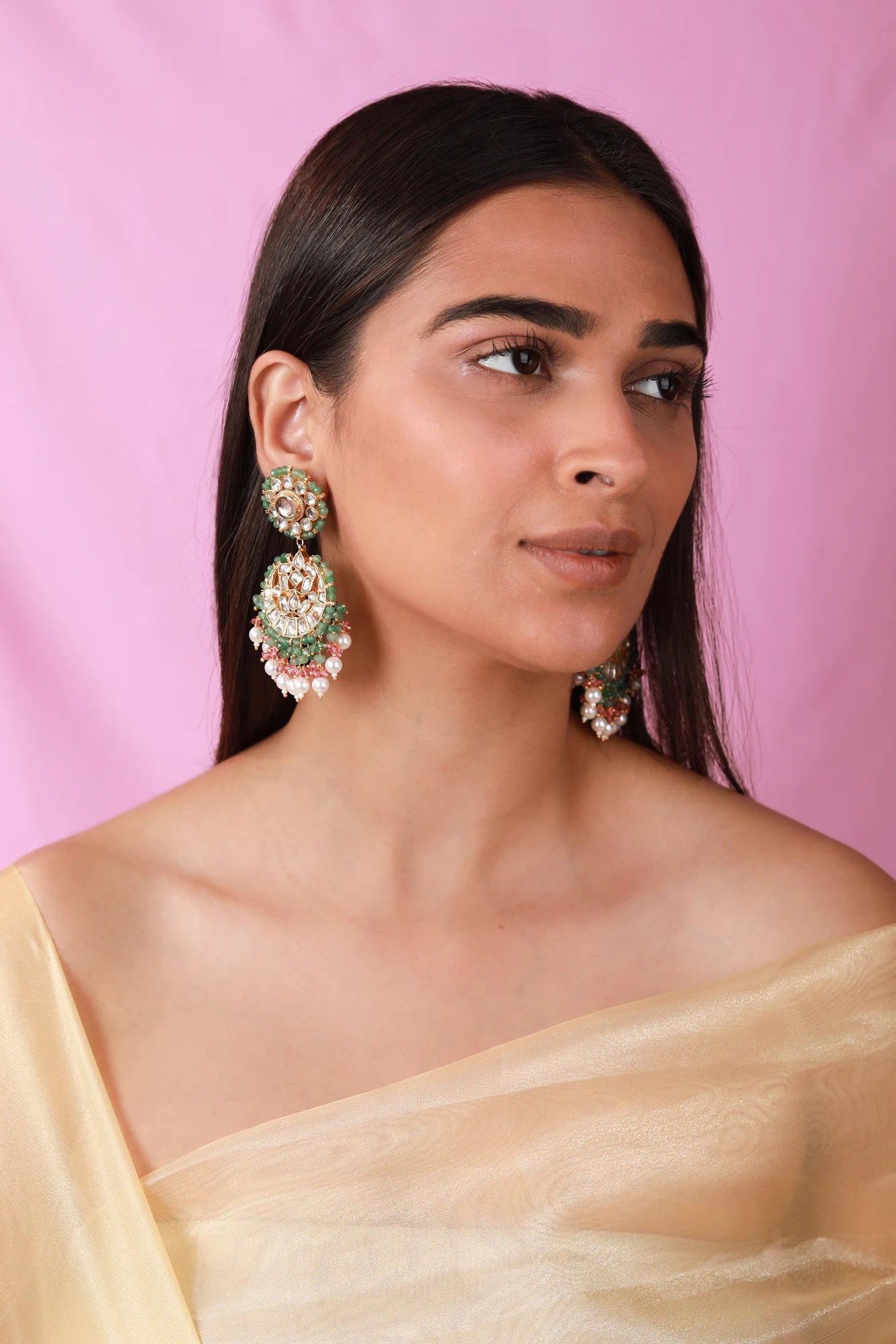 Traditional sea green hangings with pearl Earrings