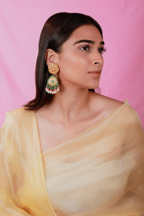 Indian green pink earrings with skyblue stone/Traditional jewelery/wedding jewelery