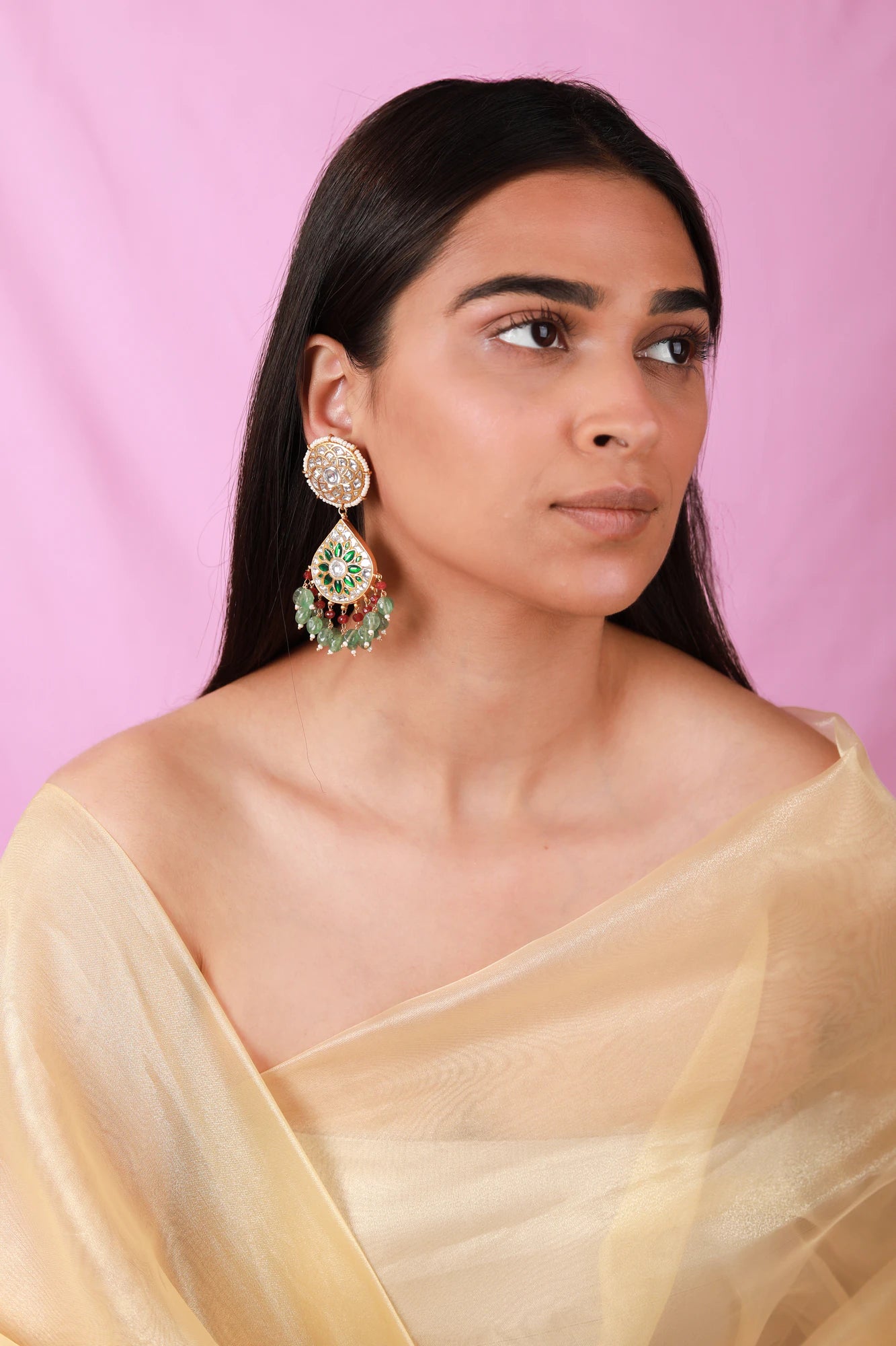 Green color gold plated jadtar earrings