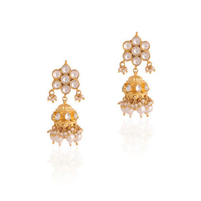White floral studs with golden jhumki