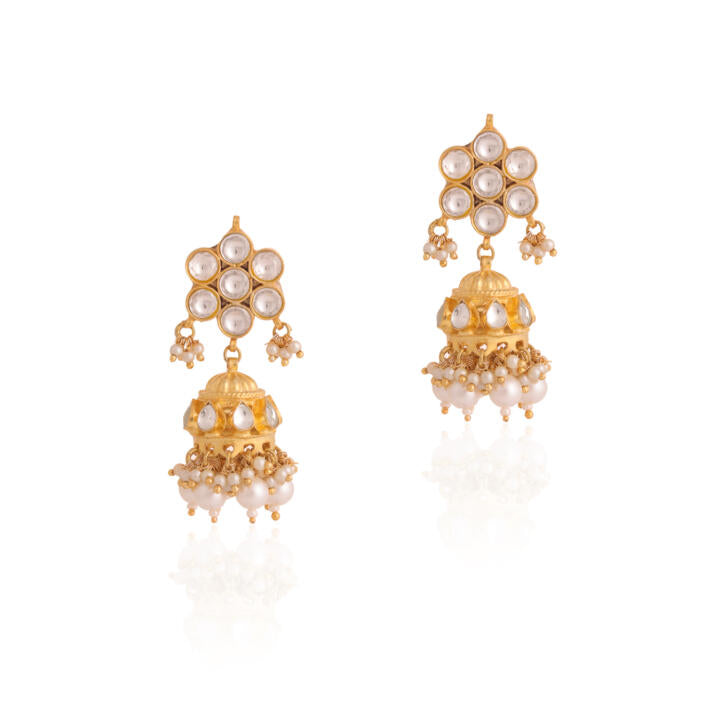 White floral studs with golden jhumki