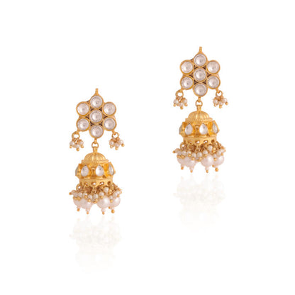White floral studs with golden jhumki