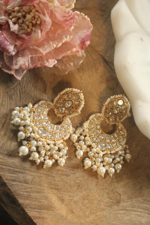 Gold plated pearl studded chanbaali earrings