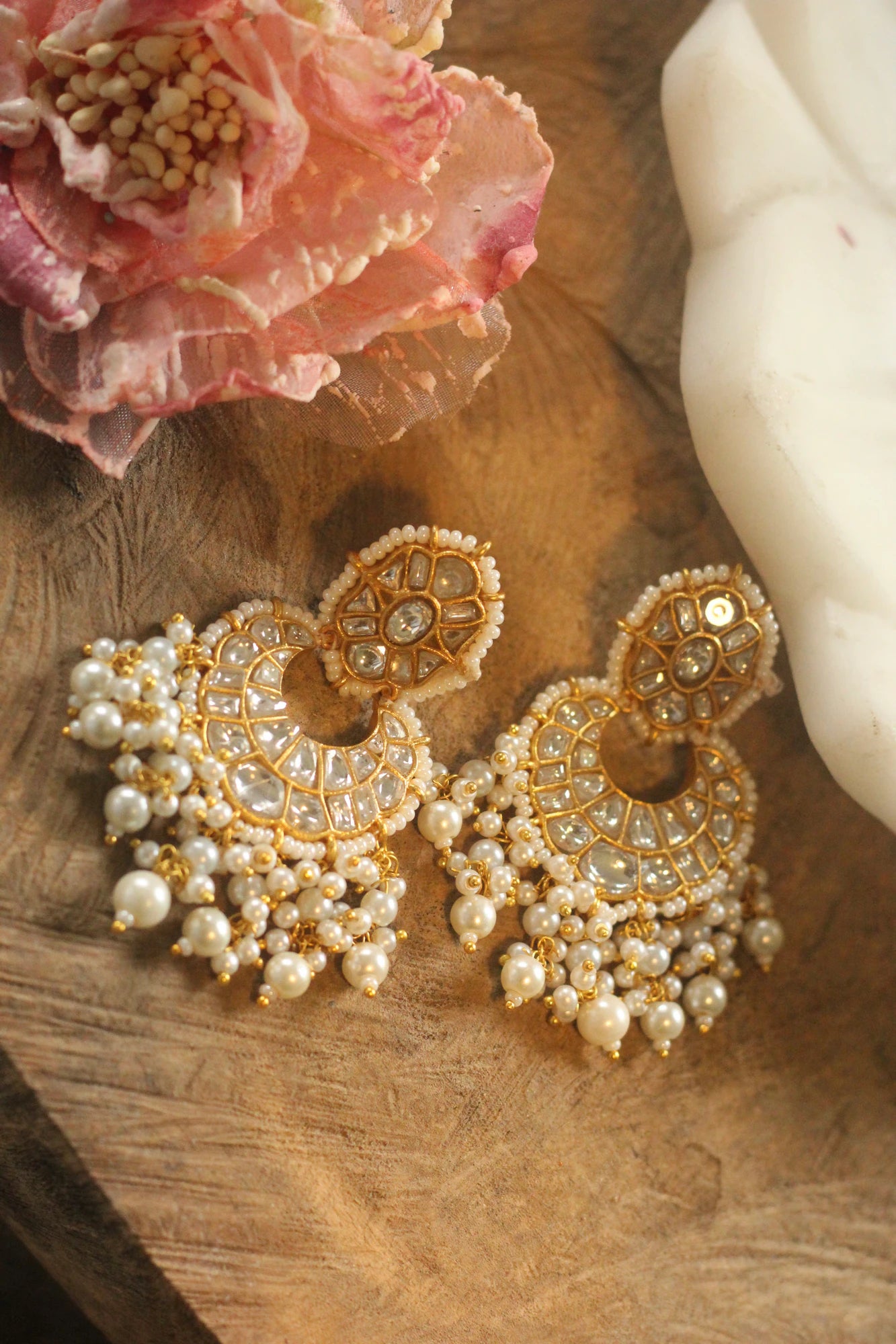 Gold plated pearl studded chanbaali earrings