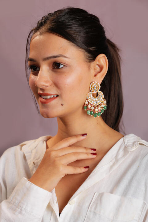 sea green colour gold plated jadau kundan Earrings