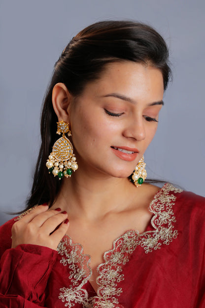 22kt gold plated green emerald with pearl jadtar earrings