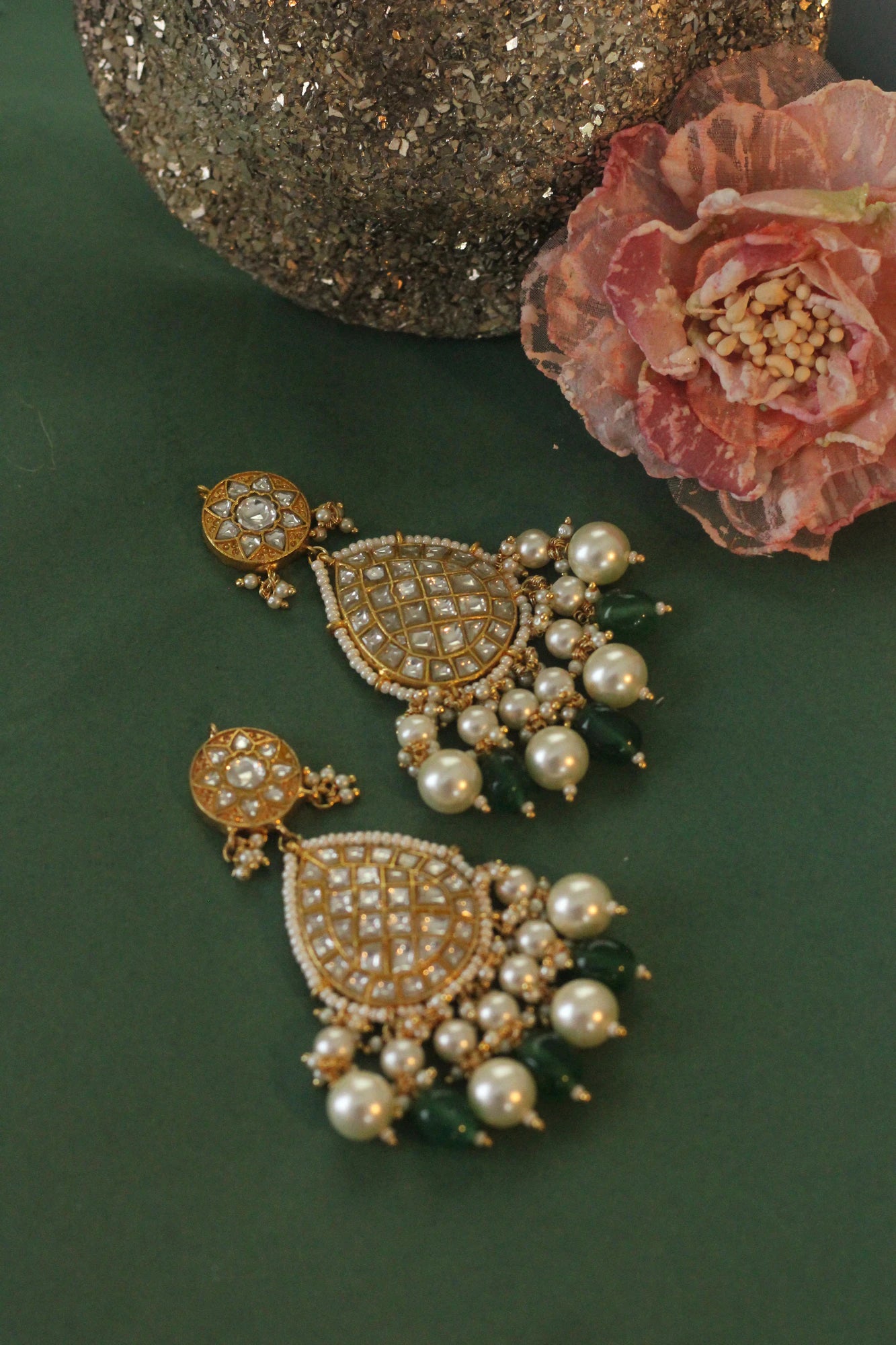 22kt gold plated green emerald with pearl jadtar earrings