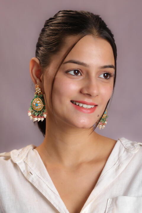 White  pearl Earrings with pink sea green hangings