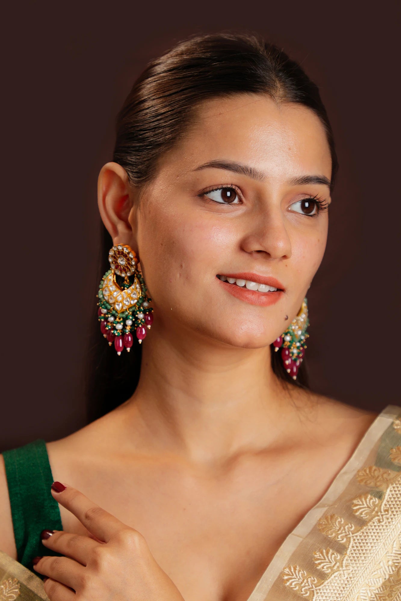 Rani pink beaded with sea green hangings chandbali