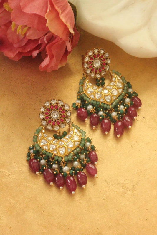 Rani pink beaded with sea green hangings chandbali