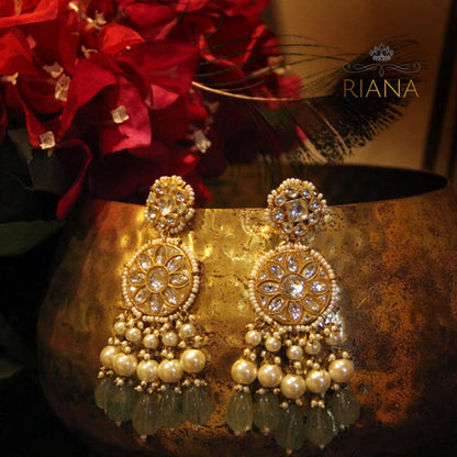 Sea green beaded jadau earrings with pearl