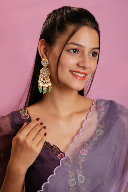 Sea green beaded jadau earrings with pearl