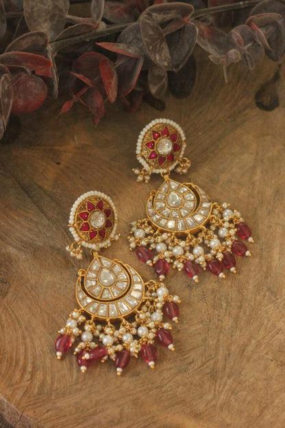 Gold plated kundan stone chandbali Earrings with pink beaded