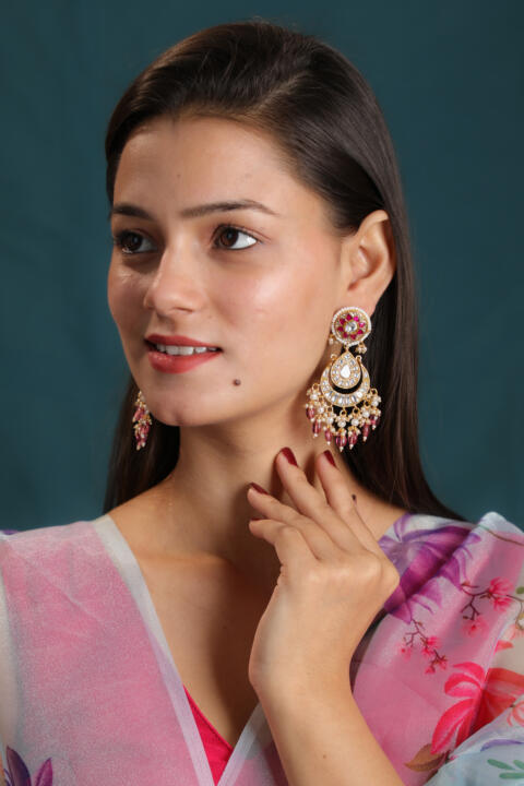 Gold plated kundan stone chandbali Earrings with pink beaded
