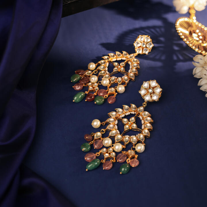 pastel pink green long earrings with jadtar stone