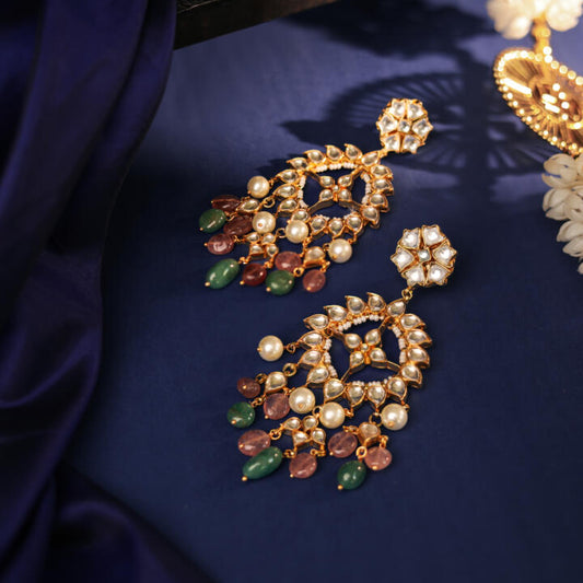 pastel pink green long earrings with jadtar stone