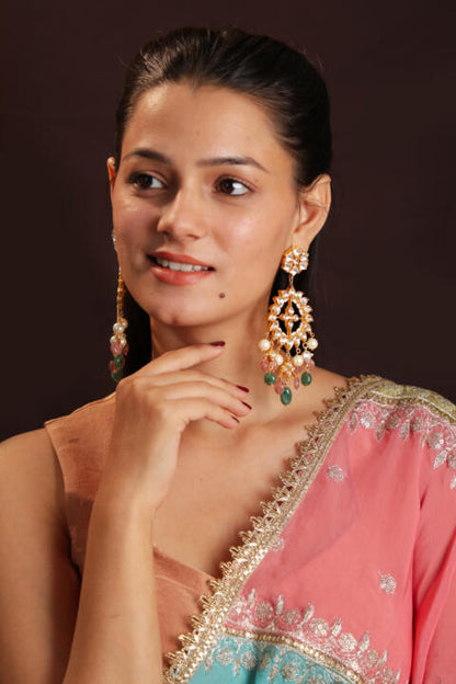 pastel pink green long earrings with jadtar stone