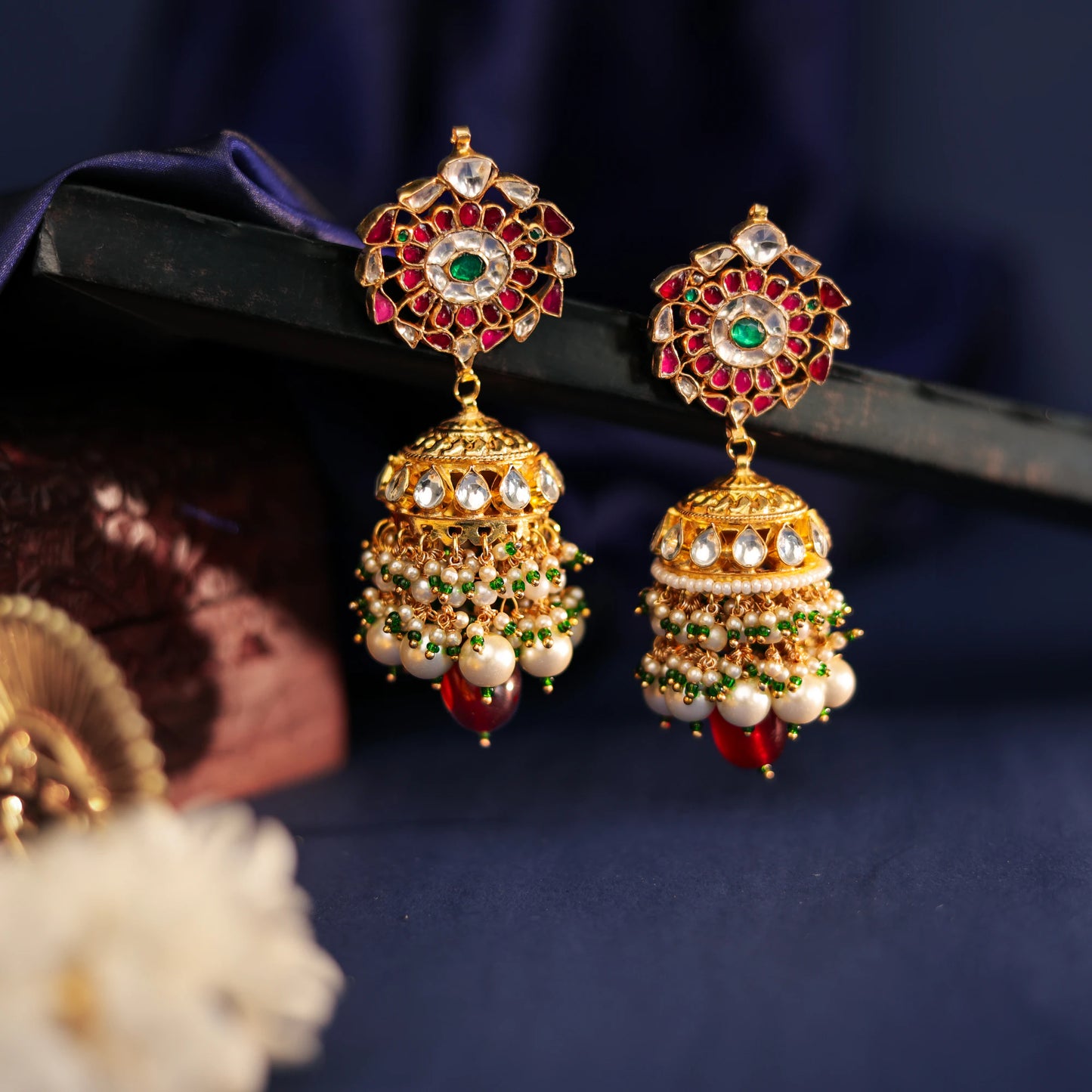 pink green jhumka with pearl