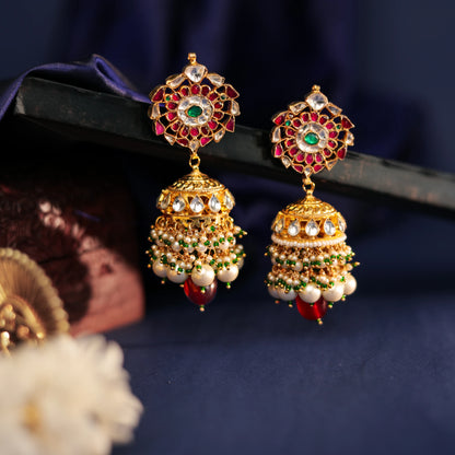 pink green jhumka with pearl