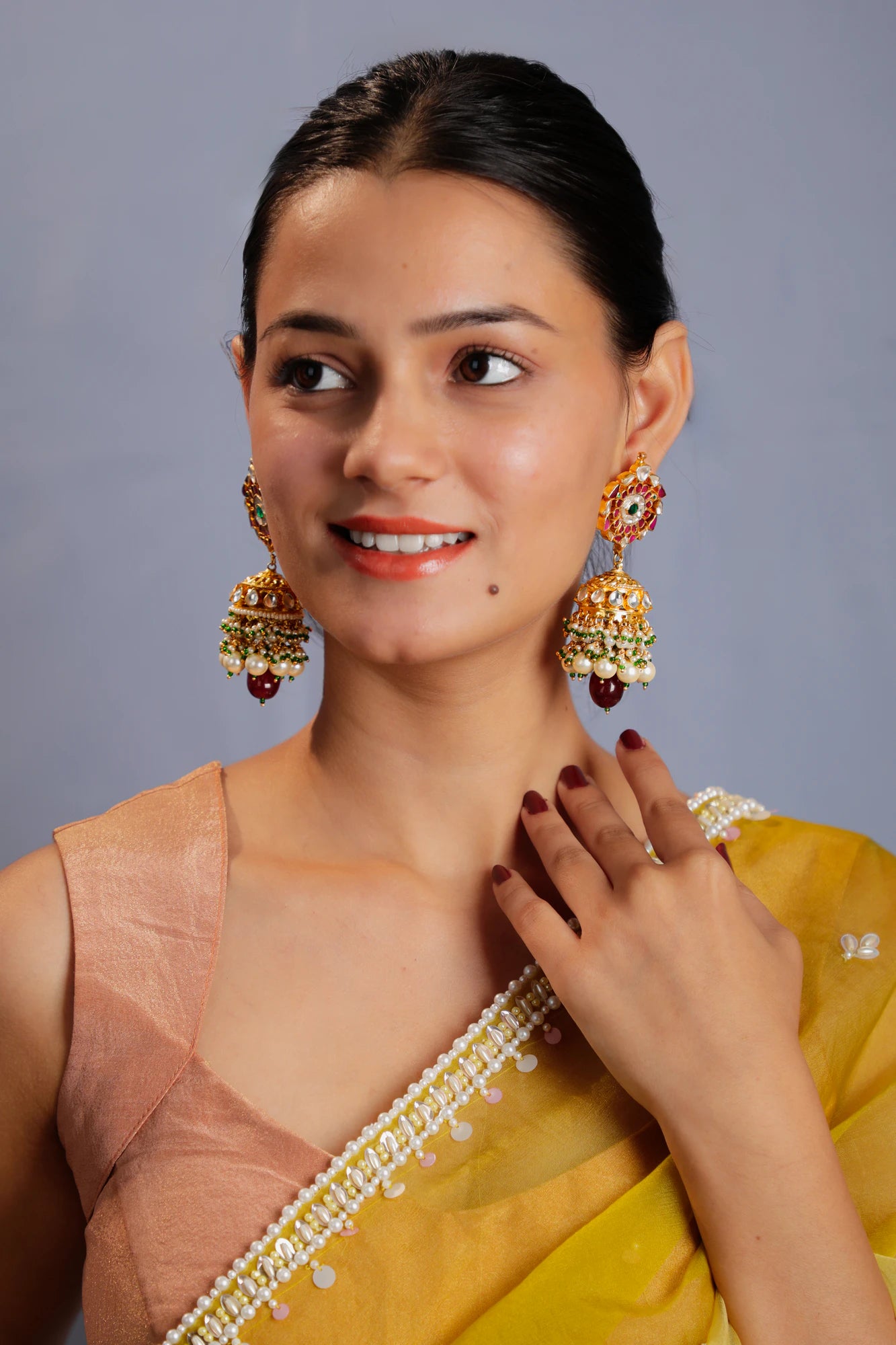 pink green jhumka with pearl