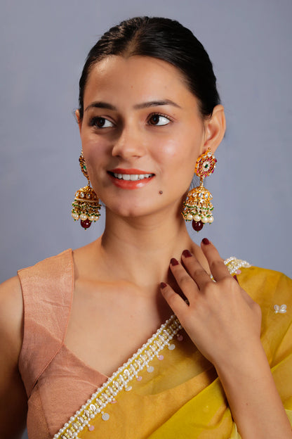 pink green jhumka with pearl