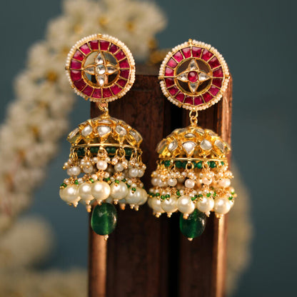 Traditioanl wear pink green jhumki with white pearl