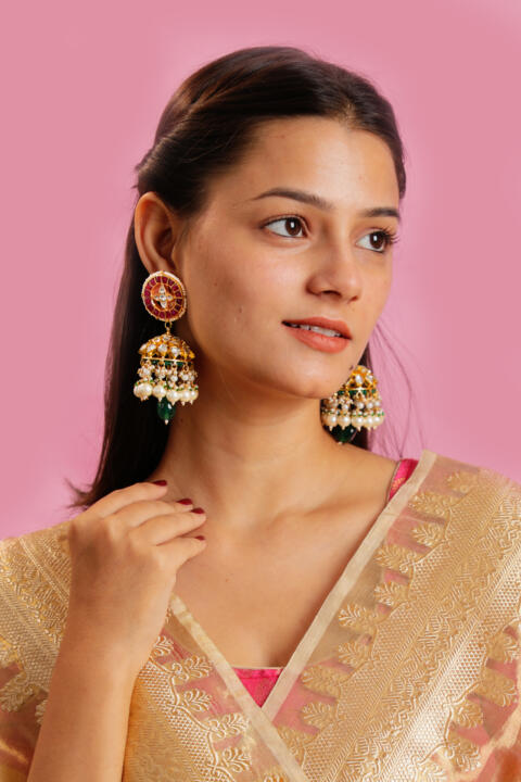 Traditioanl wear pink green jhumki with white pearl