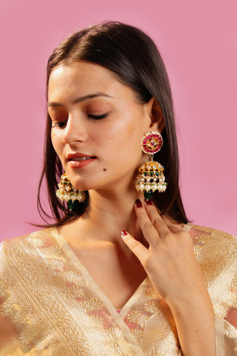 Traditioanl wear pink green jhumki with white pearl