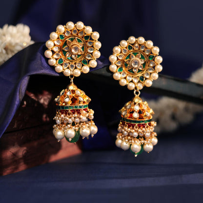 gold plated green and white jhumka