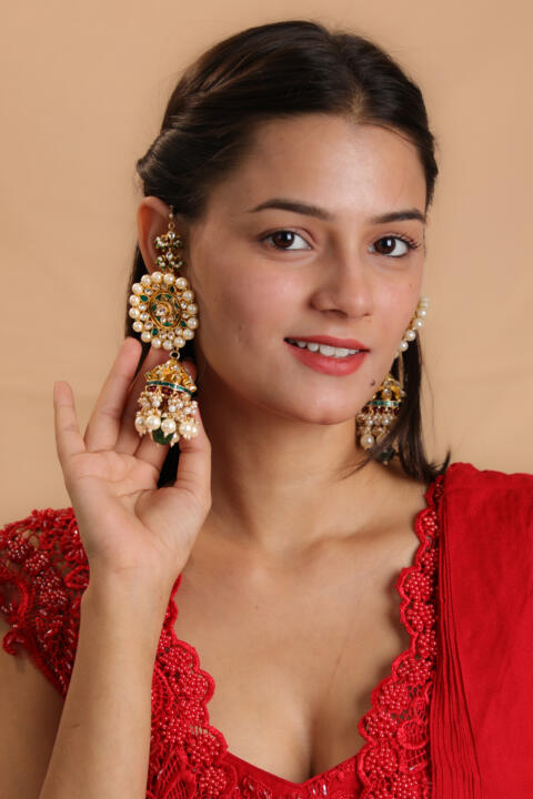 gold plated green and white jhumka