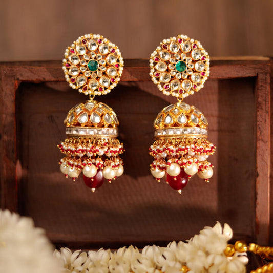 red and green traditional wear jhumka for women