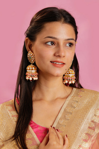 red and green traditional wear jhumka for women