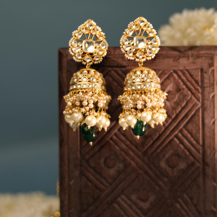 Riana gold plated green and white jhumka with pearl