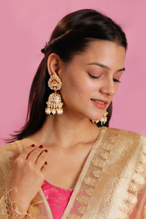 Riana gold plated green and white jhumka with pearl