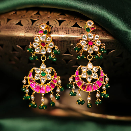 Riana gold plated pink green danglers earrings