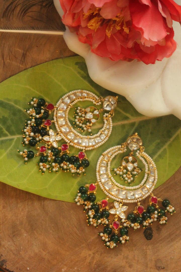 Green beaded white jadtar stone chandbaali with green pink hangings