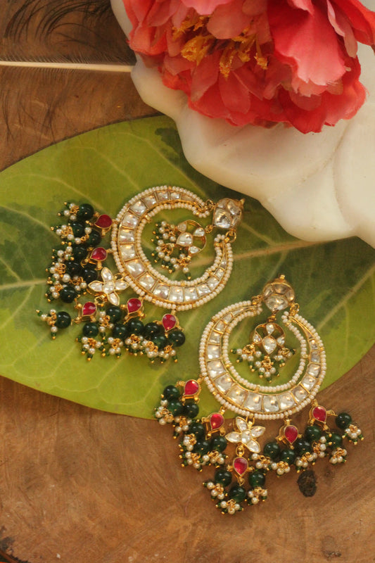 Green beaded white jadtar stone chandbaali with green pink hangings