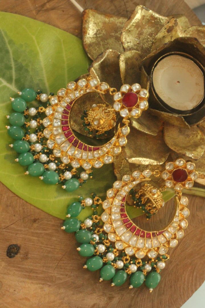 Traditional gold plated jadau chandbaali wirh sea green beads