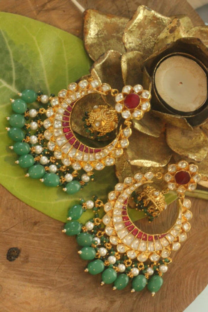 Traditional gold plated jadau chandbaali wirh sea green beads