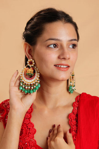 Traditional gold plated jadau chandbaali wirh sea green beads