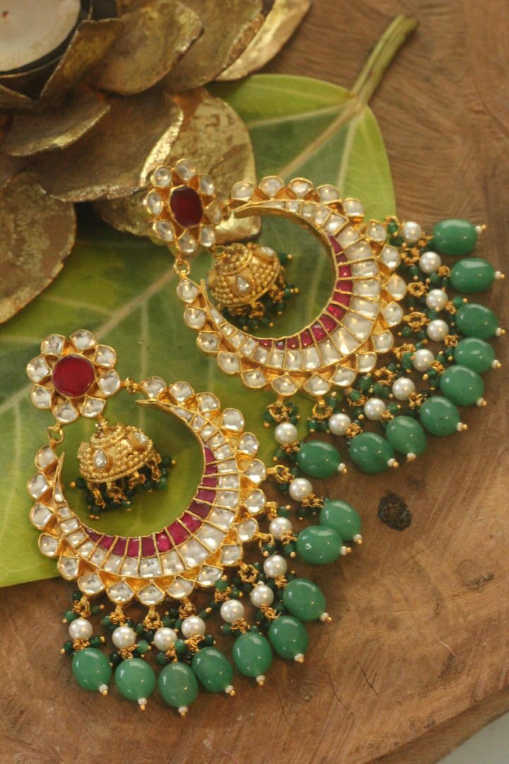 Traditional gold plated jadau chandbaali wirh sea green beads