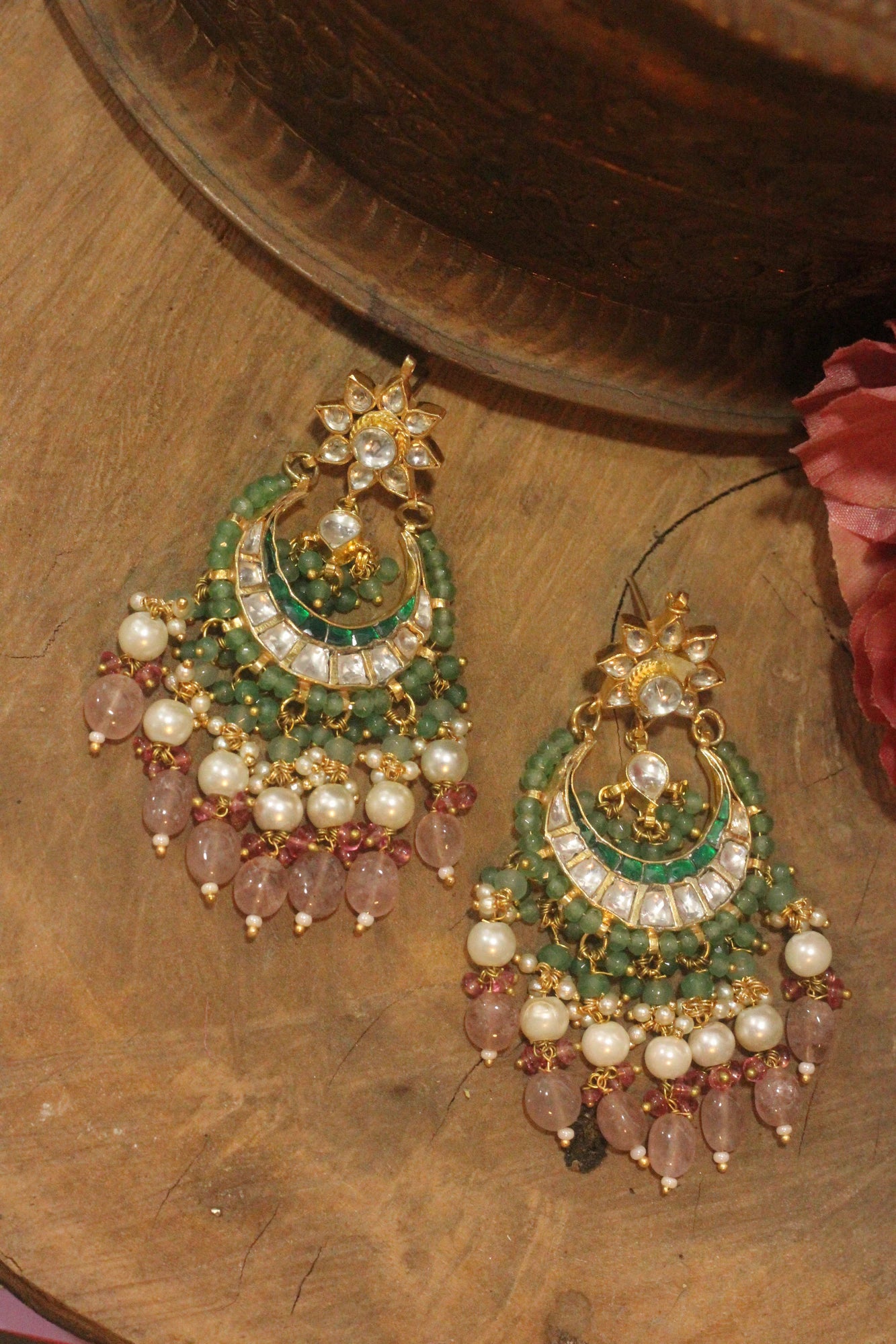Pastel pink beaded chandbaali with sea green hangings