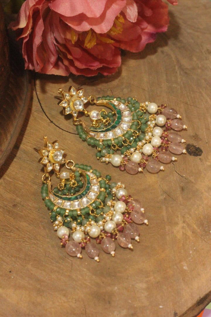 Pastel pink beaded chandbaali with sea green hangings