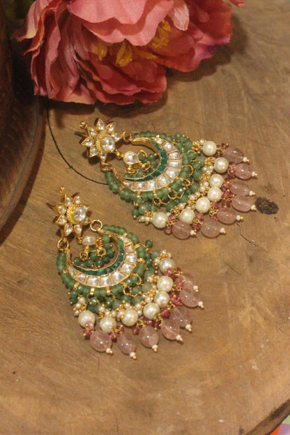 Pastel pink beaded chandbaali with sea green hangings