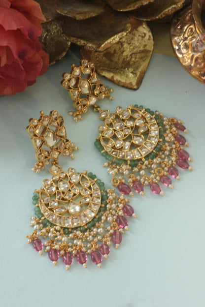 Gold plated pink beads Dangling Earrings for women