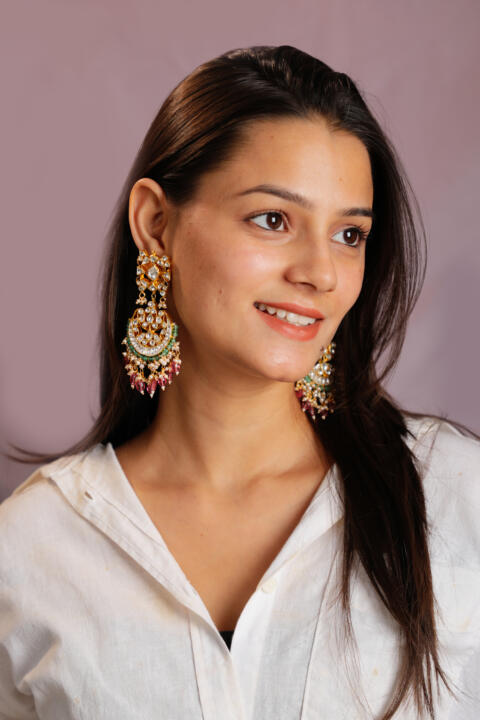 Gold plated pink beads Dangling Earrings for women